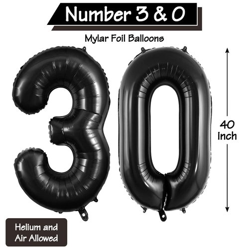 40 Inch Black 30 Number Balloons, Jumbo Foil Balloons for 30th Birthday Party Decorations Supplies / 30th Anniversary Event