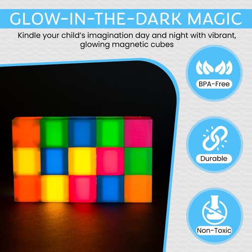 Glow in The Dark Magnetic Building Blocks (35 Pcs) – 1.38 in. Safe Toddler Blocks w/Manual & Travel Pouch - STEM Toys for Fine Motor Skills & Creativity - Ideal Toddler Educational Toys for Gifting