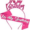 RhinestoneSash Birthday Sash and Tiara for Women - 2pc Hot Pink Multi Sparkle Its My Birthday Headband and Sash - Birthday Gifts for Women, Pink Birthday Party Decorations - HBSash(ItMyBdy) PNK