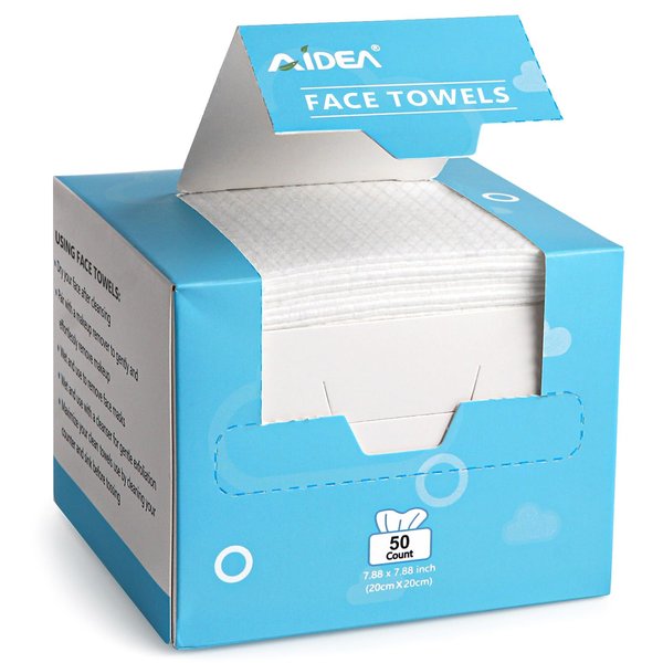 AIDEA Face Towels Disposable-50Ct, Biodegradable Clean Facial Towels Face Cloths, Facial Cleansing Wipes for Sensitive Skin, Facial Towels for Makeup Removing, Nursing, Travel, Dry Face Wipes