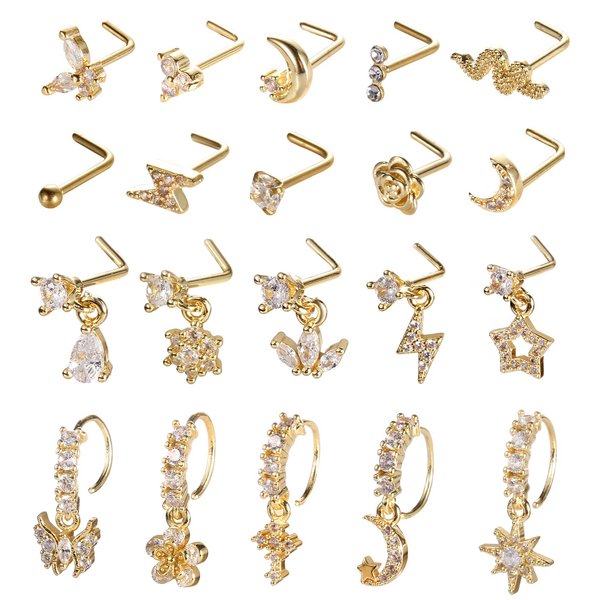 SAMOCO 20Pcs 20G Dangle Nose Ring L Shaped Dangling Stud for Women, CZ Flower Stainless Steel Studs Hoops Nose Piercing Jewelry(Gold)