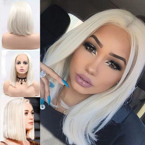 Platinum Blonde Wig Short Lace Front Bob Wigs for Black Women Realistic White Straight Shoulder Length Pre Plucked Natural Hairline Glueless Synthetic Heat Resistant Fiber Hair Wig 16 Inch Gift