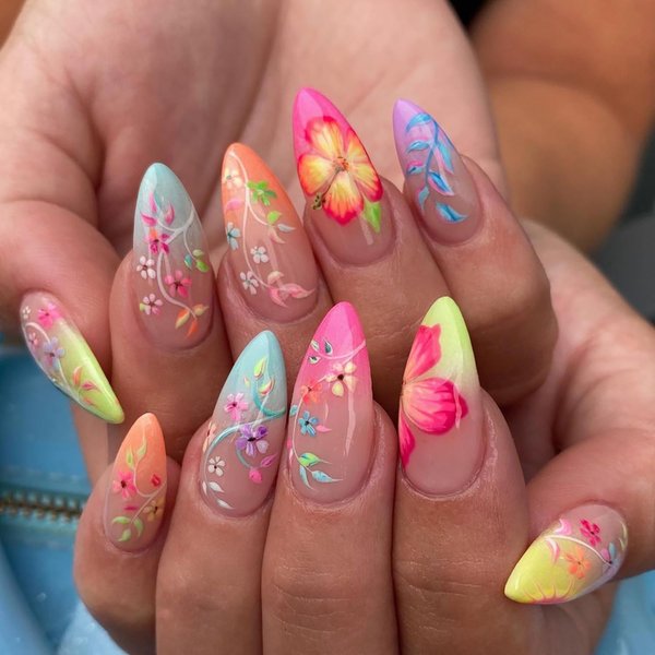 Press on Nails Almond Spring 24Pcs Glossy Full Cover Acrylic Medium False Nails with Flower Designs Artificial Reusable Almond Fake Nails with Charm Glue Stick on Fingernails for Women Girls