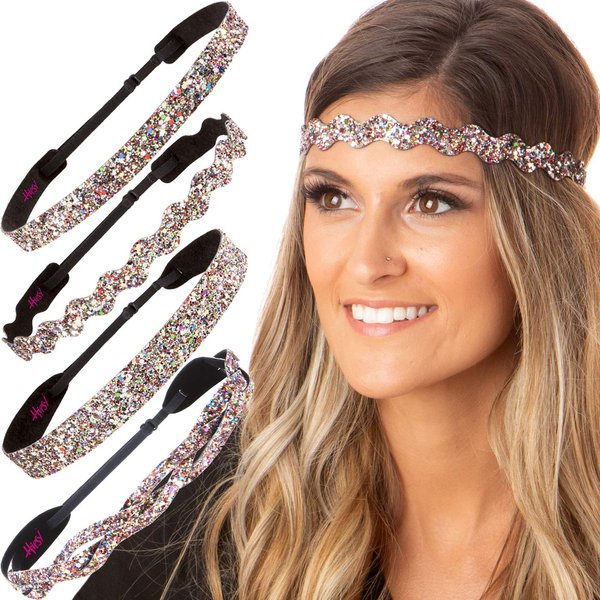 Hipsy Plus Size Adjustable No Slip Sparkly Bling Mixed 4pk Headbands for Women Girls & Teens (Bling Glitter Mixed Confetti)