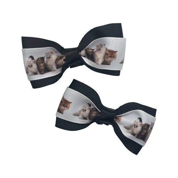 Kitten Print Girls Hair Bow Set, Little Girl Bows, Pigtail Hair Bows, Toddler Hair Bows,