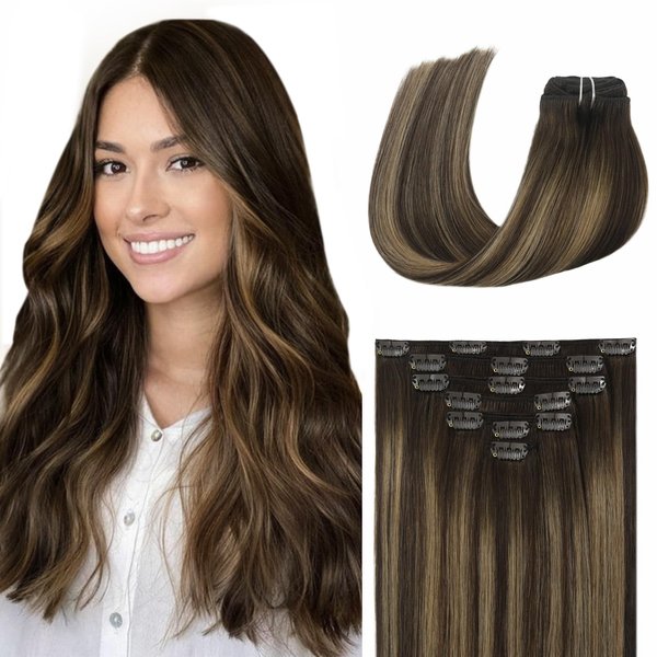 EYEFULL STELL Ombre Clip in Hair Extensions 20 inch 120G 7PCS Remy Real Human Hair Balayage Chocolate Brown to Caramel Blonde Clip on Human Hair Extensions Natural Straight Clip ins Hair Double Weft