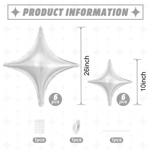Silver Star Balloons,12Pcs Four Angle Star Foil Balloons,26Inch and 10Inch Silver Quadrangle Star Helium Mylar Balloons for Birthday Anniversary Baby Shower Wedding Party Decorations