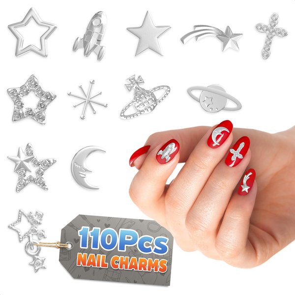 110 Pcs Silver Nail Charms and Gems - Complete Art Set with Cross, Planet, Piercing Ring & Silver Star Nail Charms Designs with Rhinestones - Easy-to-Apply, Sturdy Acrylic for Stylish Manicures