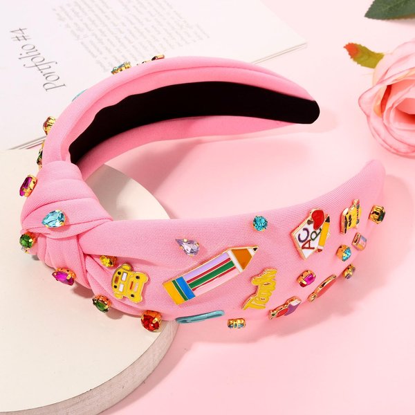 YAHPERN Teacher Headband for Women Teacher Accessories Crystal Rhinestone Knotted Headband Beaded Embellished Top Knot Headband Back To School Outfits Teacher Appreciation Gifts (Pink 3)