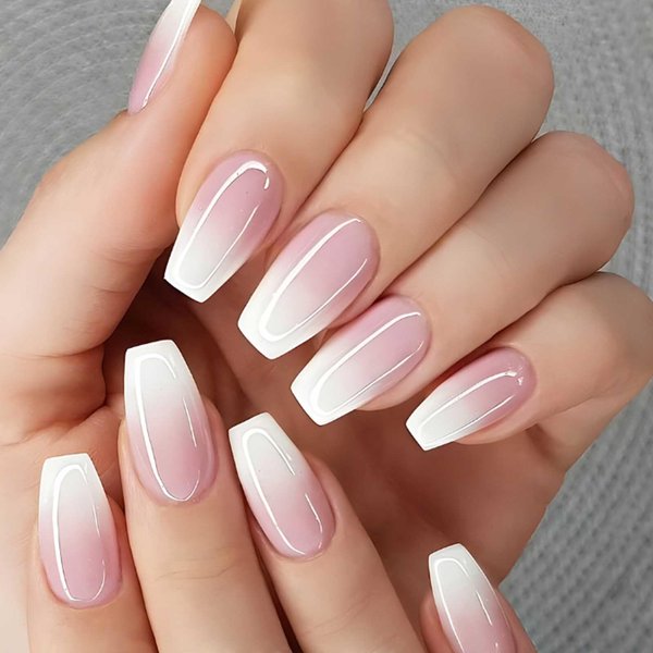 Hkanlre Bling Coffin Press on Nails Fake Nails Tips Full Cover Medium False Gradient Nails for Women and Girls 24PCS (Pink gradient coffin)