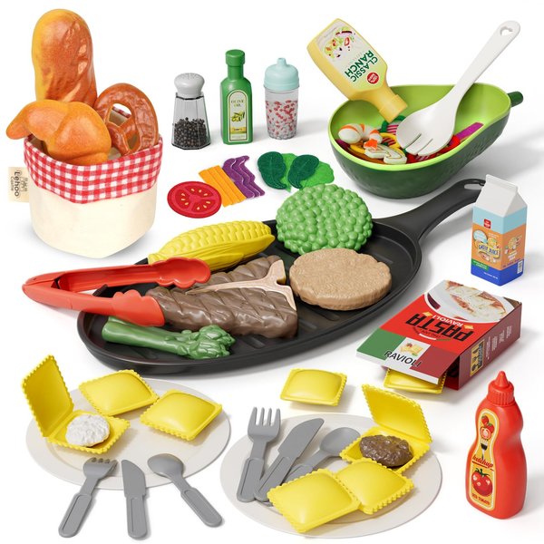 Lehoo Castle Play Kitchen Accessories, Plastic Play Food Sets for Kids Kitchen, Fake Food Pretend Play for Toddlers 3-5, Realistic Felt Food Playset for Kids Restaurant Pretend Food with Dishes
