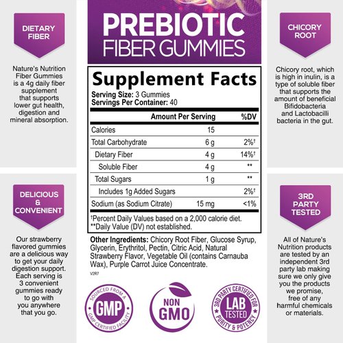 Nature's Fiber Gummies for Adults 4g, Daily Prebiotic Gummy Fiber Supplement, Digestive Health Support - Supports Regularity & Digestion for Adults, Plant Based Soluble Fiber, Non-GMO - 120 Gummies