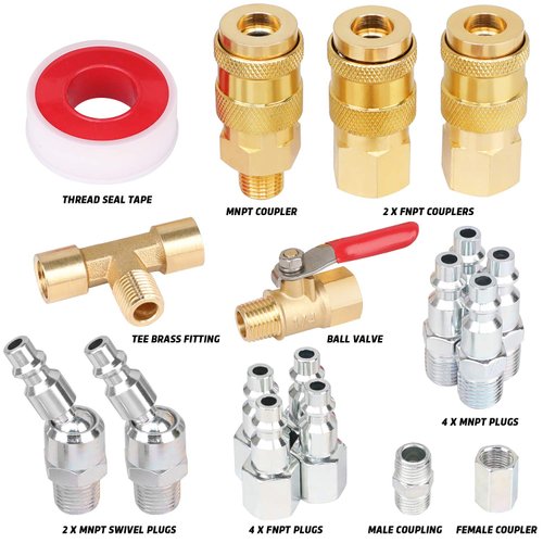 Hromee 18 Pieces Air Coupler and Plug Kit, 1/4-Inch NPT Air Hose Fittings and Compressor Accessories with Universal Quick Coupler, Brass Ball Valve, Swivel Air Plug and Tee Pipe Fitting
