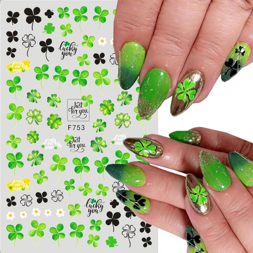 8PCS St. Patrick's Day Nail Art Stickers -Green Four-leaf Clover Leaf Nail Decals 3D Self Adhesive Luck of Irish Clover Nail Supplies Spring Summer Shamrock Design for St. Patrick's Day DIY Nail Decor