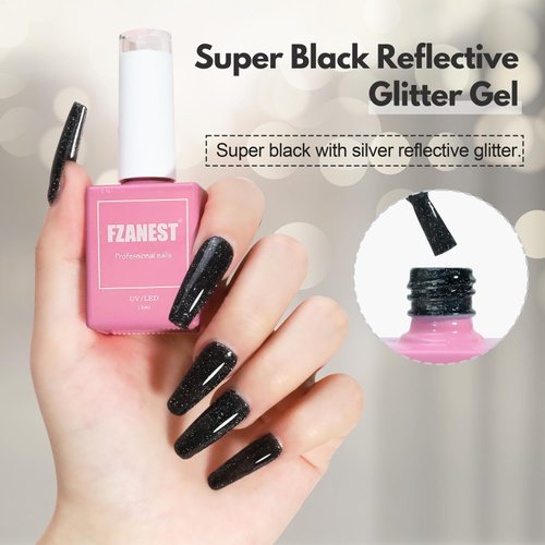 FZANEST Black Glitter Gel Nail Polish,15ml Reflective Shimmer Soak Off LED UV Gel Polish Nail Art Starter Manicure Salon Kit for Women Girls