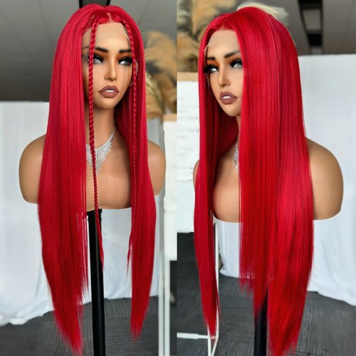 SOKU Red Lace Front Wigs Synthetic Pre Plucked 32 Inch Long Straight Wigs with Baby Hair 13x4 HD Transparent Lace Wigs Free Part Silky Straight Wigs for Women Heat Resistant