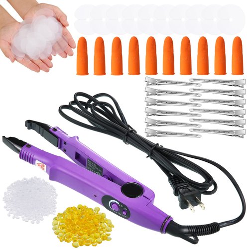Hair Extensions Iron Fusion Keratin Hair Extensions Heat Tool Heat Connector Wand with Fusion Glue Protector Templates Hair Clips Finger Protector 2 Bags Keratin Glue Granule Beads(Purple,)
