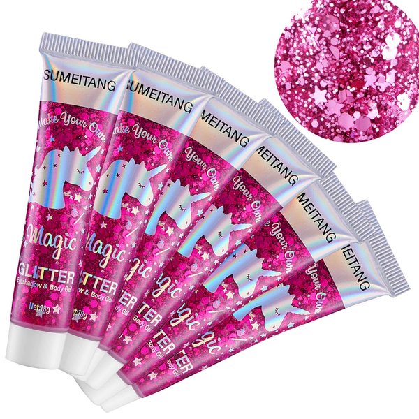 SUMEITANG 6PCS Red Face Body Glitter Gel，Mermaid Holographic Sequins Chunky Glitter Paint for Party Singer Concerts Music Festival Rave Accessories for Girls Women Face Body Hair Sparkling Makeup