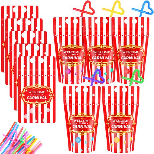 25 Sets Carnival Theme Party Decorations Carnival Bags Carnival Drink Pouches with Straws Reusable Carnival Treat Bags with Zipper for Carnival Party Favors Kids Circus Favor Plastic Circus Party Bag