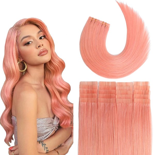 Tape in Hair Extensions Pink 100% Remy Human Hair Extensions Silky Straight for Fashion Women 20 Pcs/Package(22Inch #Pink 60g)