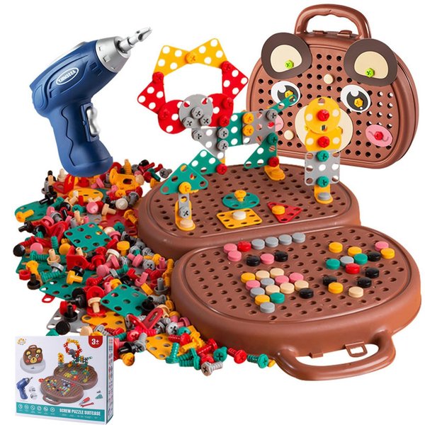 Kaemgyyd Magic Montessori Play Toolbox, 203Pcs Magic Montessori Play Toolbox Bear with Drill, 2D/3D Creativity Tool Box Montessori Toys Gift for Age 3-12 Years Old Boys Kids, Girls