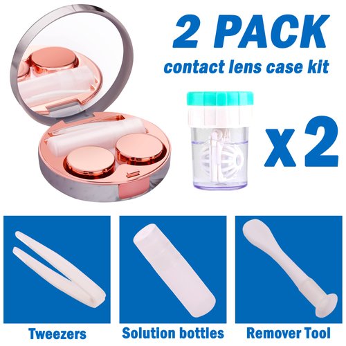 TreaHome 2 Pack Contact Lens Case, Contact Case Travel with Cleaner Washer, Tweezers, Remover Tool Contact Solution Bottle (Rose Gold)