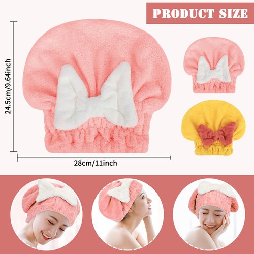 PetsHome Hair Drying Cap 2 Pack Microfiber Hair Drying Towels, Super Absorbent Head Wrap with Bowknot Shower Cap for Girls and Women-Pink+Yellow