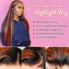 Ginger Blonde Highlight Lace Front Wigs Human Hair Skunk Stripe 13x4 Lace Frontal Wig Straight Black Ginger and Blonde Ombre Colored Wigs Glueluess Human Hair 22 Inch 180% Density Pre Plucked