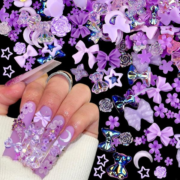 100 Pcs Purple Resin Kawaii Mixed Shape Nail Charms,Cute Bow Flower Bear Heart Nail Design Charms for Nails 3D Bowknot Camellia Moon Nail Charm for Women Nail Art Supplies Nail Accessories Nail Art