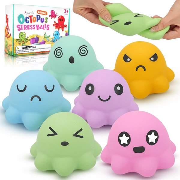 Stress Ball Squishy Fidget Toys: 6 Pack Cute Octopus Squeeze Balls Bulk - Dough Stress Relaxation Toy Pack for Kids Adults Hand Grip Sensory Toys, Prize Box Toys for Classroom