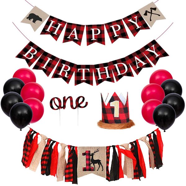 PRATYUS Lumberjack Party Decorations, First Party Supplies with Buffalo Plaid Birthday Banner, Highchair Banner, 1st Crown Hat, Cake Topper, Balloons for Kids Baby Shower Wild One Camping Party Events