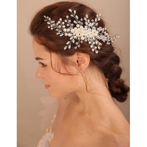BERYUAN Wedding Ivory Crystal Rhinestone Hair Comb Pearls Crystal Rhinstone Headpiece Pearls Wedding Headband Silver Bride Hair Accessory for Brides (ivory)