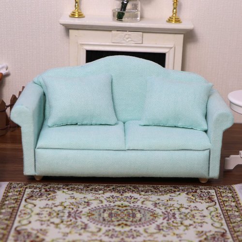 Dollhouse Couch Miniature Furniture Sofa with Pillows for Living Room Desktop Decoration Fabric Sofa Mini Home Scene Accessories Ornament (Double Sofa, Green)