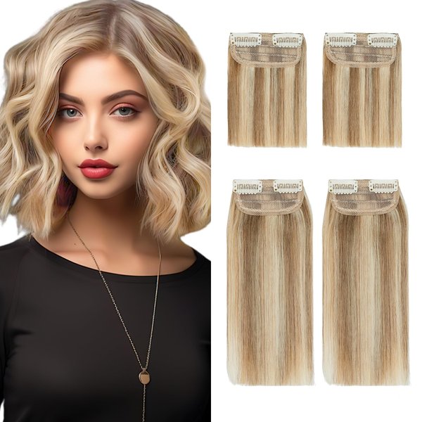 SEGOHAIR 4 Pcs Clip in Short Hair Extensions Real Human Hair Hairpiece 100% Remy Human Hair Toppers for Women With Thinning Hair Adding Hair Volume -Golden Brown&Bleach Blonde
