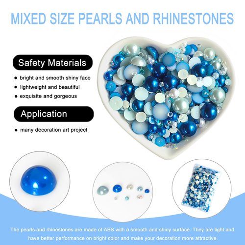 Euddty 50g Flatback Pearls and AB Rhinestones Set Half Pearls for Crafts Mixed Size 3mm-10mm Flat Back Pearl for Nail Art and Crafts and Decoration (Blue Series)