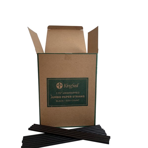 Kingseal FSC Certified Disposable Paper Drinking Straws, BLACK, Unwrapped, 7.75 inch Length x 0.6mm diameter, "Jumbo" Size, Biodegradable, Earth Friendly, Bulk Pack - 600 Straws per Box