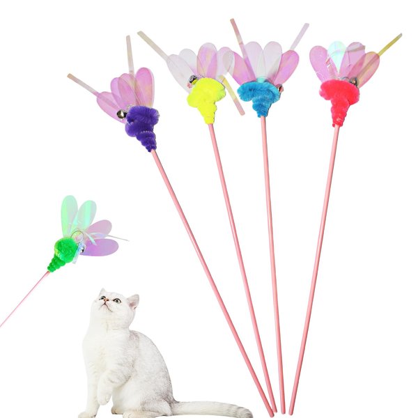 Cat Wand Toy, 4 PCS Insect Cat Toys Interactive Cat Teaser Wands Cat Sticks with Bell for Cat and Kitten