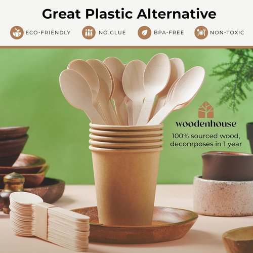 (100 Count) Disposable Wooden Spoons Set - Alternative to Plastic, Eco Friendly, Biodegradable, Compostable Cutlery Set - 50 Wood Spoons Disposable Set