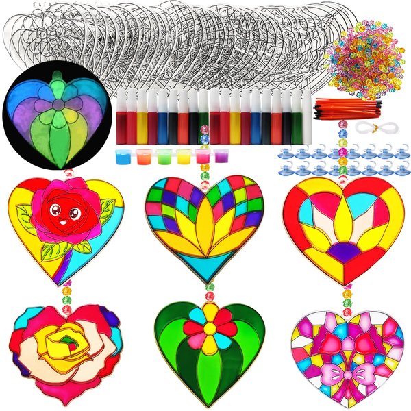 30 Sets Valentine's Day Suncatcher Craft Flowers Heart Suncatchers Glow In The Dark Valentines DIY Window Paint Art Suncatchers for Valentine Classroom Gift Exchange Mother's Day Art Craft Supplies