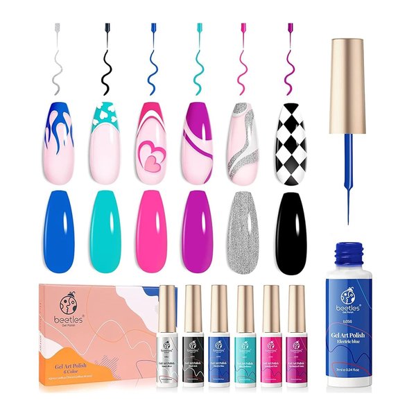 Beetles Gel Liner Nail Polish, 6 Colors Nail Art Paint for Swirl Nails Neon Blue Hot Pink Sliver Glitter Summer Gel Polish Cyberpunk's Futurism Built Thin Nail Art Brush in Gel Pens Gel Art Polish
