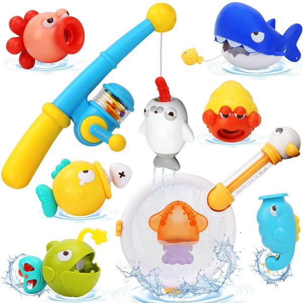 Baby Bath Toys for Kids Ages 1-3，Magnetic Fishing Game for Bath Toys Toddlers 2-4 Include a Fishing Rod, 8 Sea Animals and a Scoop Net to Storage Toys, Infant Tub Pool Toys for Toddlers 1-3