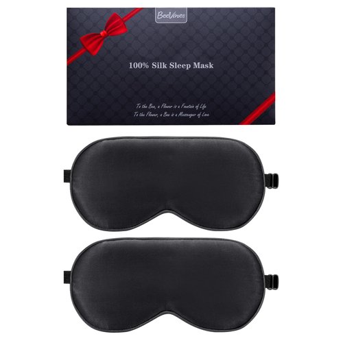 BeeVines Sleep Mask, 2 Pack 100% Real Natural Silk Eye Masks with Adjustable Strap for Sleeping, Mulberry Silk Eye Sleep Shade Cover, Blocks Light Reduces Puffy Eyes Traveling Gifts (Black & Black)