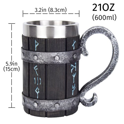 Nordic Viking Rune Mug Tankard Stainless Steel Wooden Resin 3D Norse Decor Coffee Cool Gothic Beer Tankard Stein Cup Mugs 20oz
