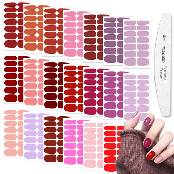 WOKOTO 20 Sheets Red Series Solid Color Full Nail Wraps with Nail File Self-Adhesive Nail Stickers Real Nail Polish Strips for Women Nails Art