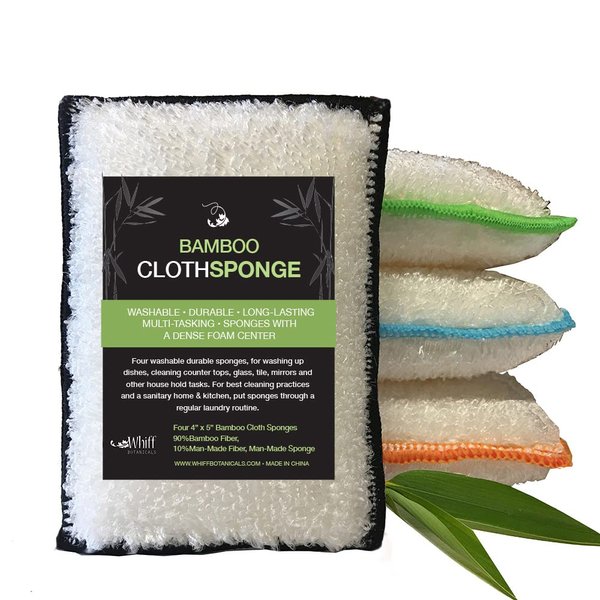 Whiffkitch Bamboo Fiber Sponges 4-Pack - Scrub-Non-Scratch, Reusable, Washable, Extra Absorbent, Durable, Multi-Tasking Household Cleaning, Naturally Hygienic Kitchen Sponges for Dishes
