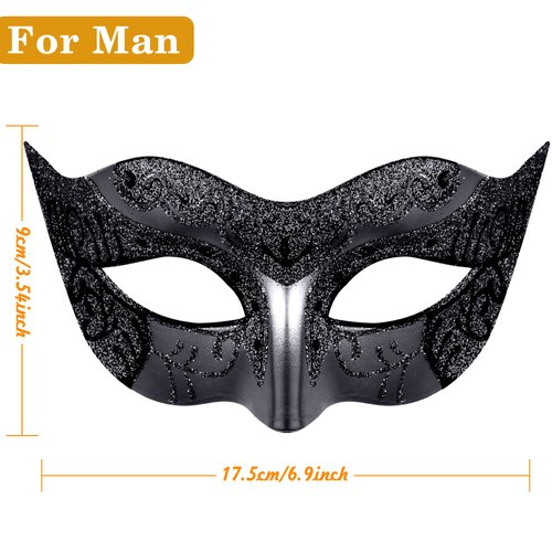 SIQUK Couple Masquerade Masks Sequins Venetian Party Plastic Halloween Costume Rhinestone Mardi Gras Mask for Women and Men, Black
