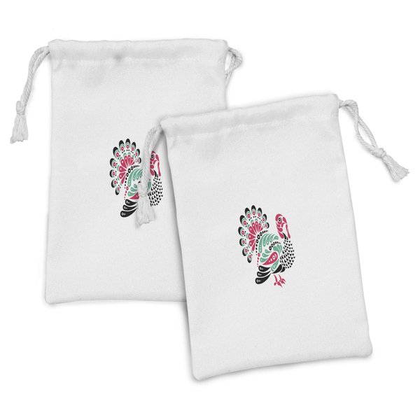 Ambesonne Turkey Fabric Pouch Set of 2, Thanksgiving Themed Animal Design with Paisleys Ornamental Elements, Small Drawstring Bag for Toiletries Masks and Favors, 9" x 6", Sea Green White