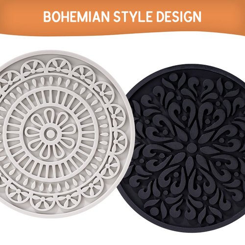 8 Pcs Boho Coasters for Drinks, Silicone Coasters with Holder, Boho Style Grooved Pattern, Tabletop Protection Coasters for Outdoor, Indoor, Coffee Table, Kitchen, Office, Bar, Heat Resistant