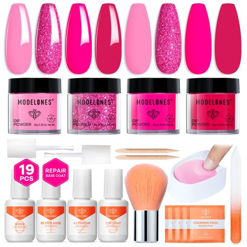 Modelones 19PCS Dip Powder Nail Kit, 4 Colors Hot Pink Summer Bright Glitter Dipping Powder Pro Starter Set, Bond Repair Base Recycling Tray for French Nail Art Salon DIY Manicure Gifts for Mom