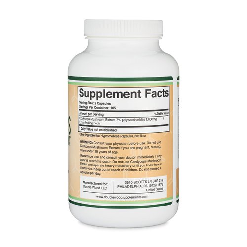 Cordyceps Capsules (Cordyceps Sinensis Mushroom Extract) 210 Count, 3.5 Month Supply, 1,000MG (7% Polysaccharides with Alpha and Beta Glucans) Overall and Aging Support by Double Wood